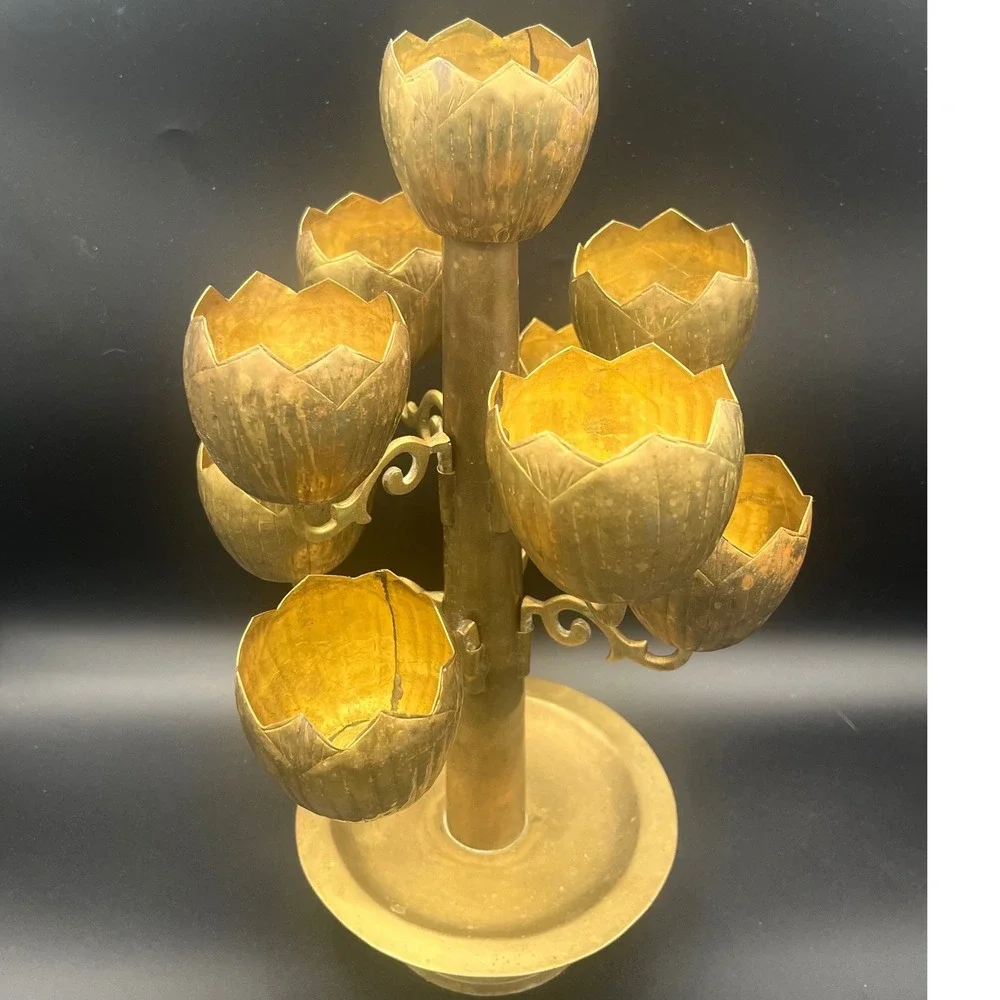 Rare Mid Century Feldman Lighting Brass 9 cup Lotus Flower Candelabra Tea Lights